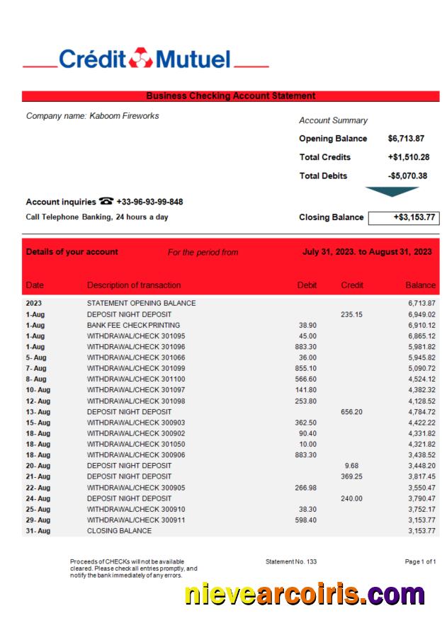 Credit Mutuel Bank firm account statement
